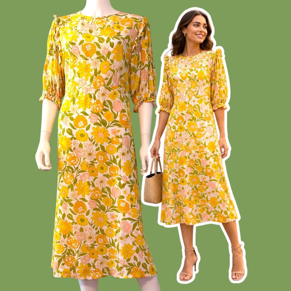 Faithfull The Brand Yellow Floral Midi Dress US 6 Puff Sleeve Cottagecore Rayon